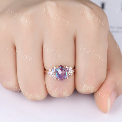 Vintage Hexagon Alexandrite Moonstone engagement ring,Unique Marquise Ring,Cluster Ring,Rose Gold,Women Bridal Wedding Band,Statement Ring