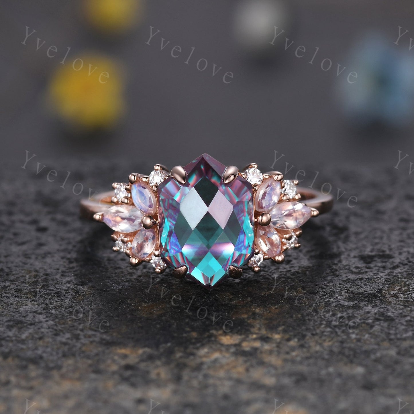 Vintage Hexagon Alexandrite Moonstone engagement ring,Unique Marquise Ring,Cluster Ring,Rose Gold,Women Bridal Wedding Band,Statement Ring