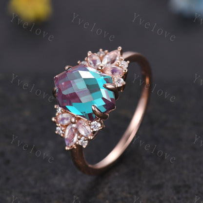 Vintage Hexagon Alexandrite Moonstone engagement ring,Unique Marquise Ring,Cluster Ring,Rose Gold,Women Bridal Wedding Band,Statement Ring