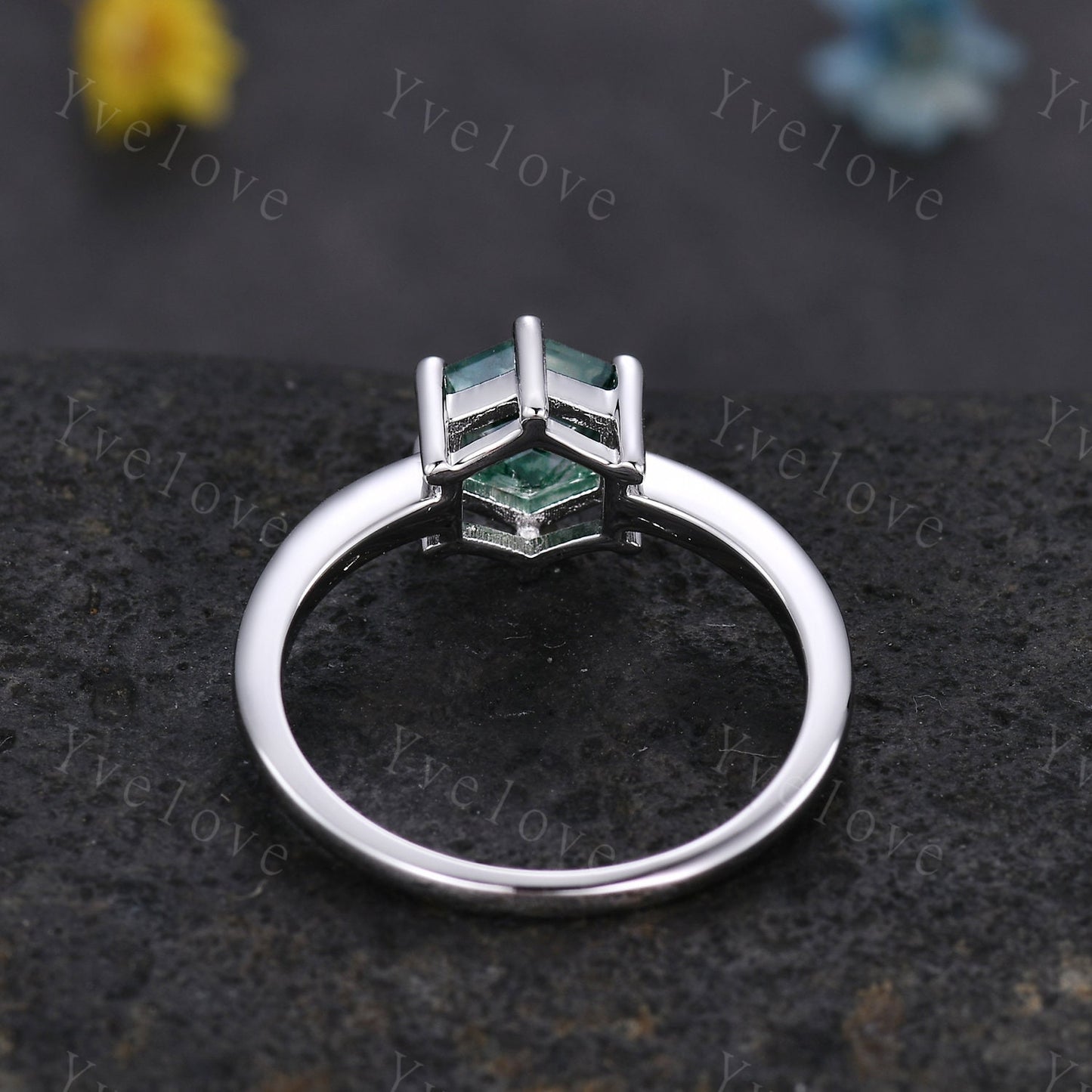 Moss agate engagement ring,Green agate ring,Moss agate ring,Hexagon cut moss agate ring,Platinum ring,Silver ring,Solitaire ring,Customized