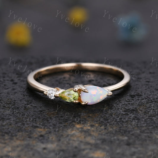 Vintage Opal Peridot Engagement Ring,Pear Cut Gems,Art Deco Moissanite Wedding Band,3 Stone Unique Women Bridal Promise Ring,Customized Gift