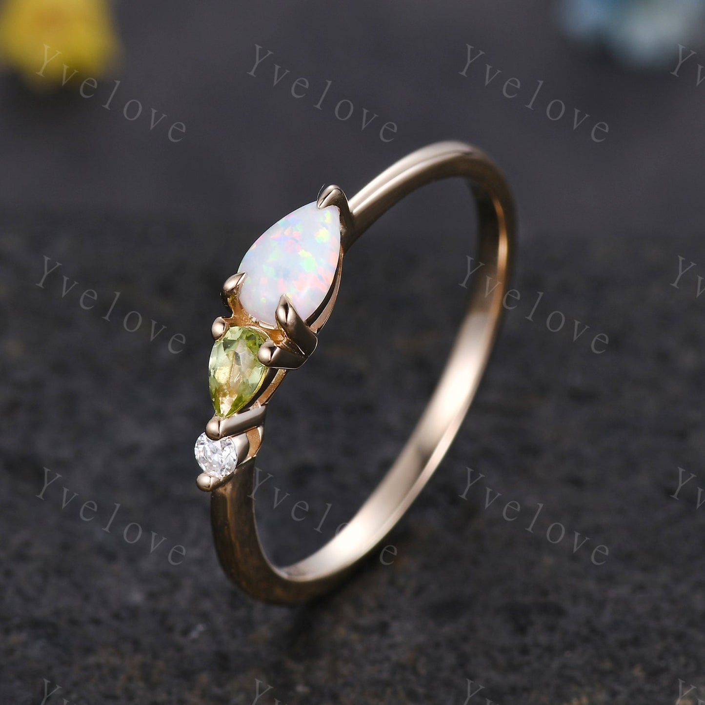 Vintage Opal Peridot Engagement Ring,Pear Cut Gems,Art Deco Moissanite Wedding Band,3 Stone Unique Women Bridal Promise Ring,Customized Gift