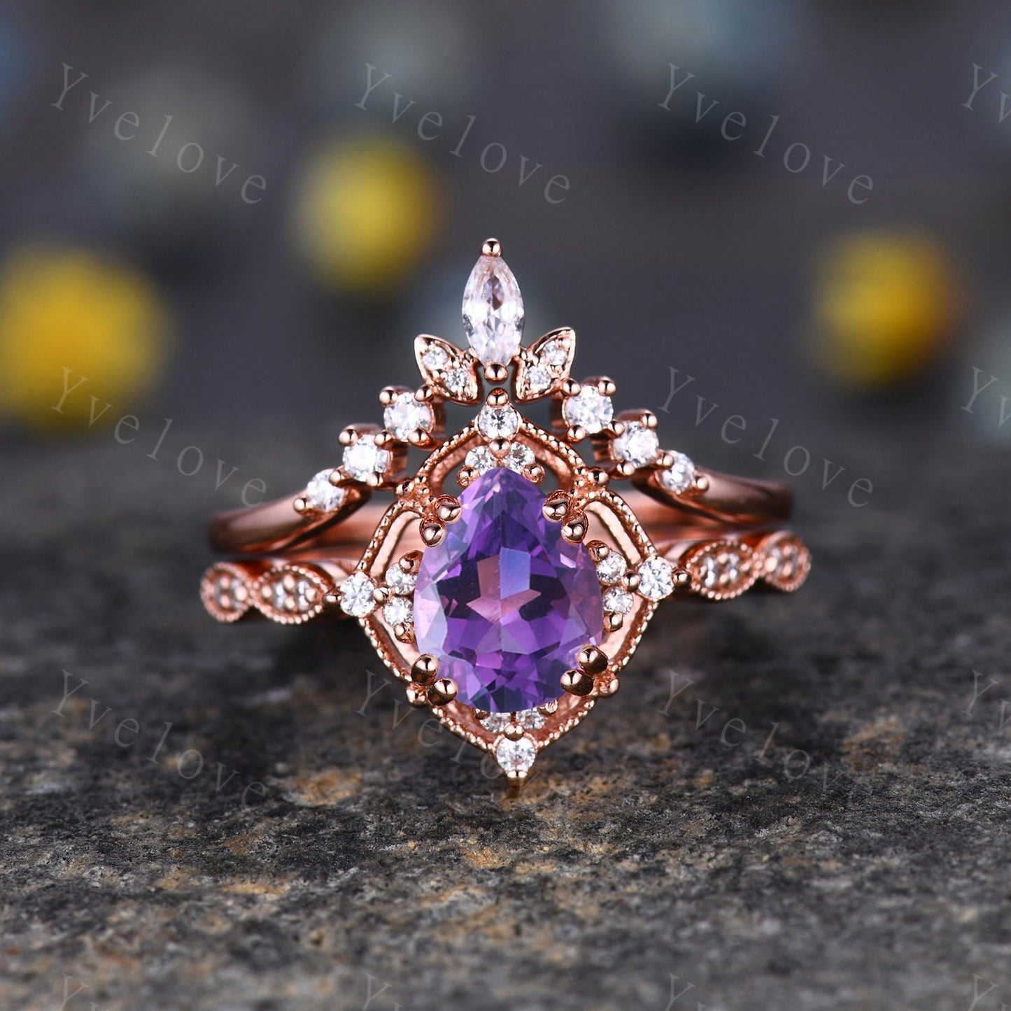 Vintage Amethyst Engagement Ring Set,6x8mm Pear Amethyst Bridal Set,Moissanite Half Eternity Band,Solid Gold,Women Rings Gift For Her,Custom