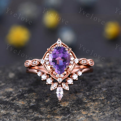 Vintage Amethyst Engagement Ring Set,6x8mm Pear Amethyst Bridal Set,Moissanite Half Eternity Band,Solid Gold,Women Rings Gift For Her,Custom