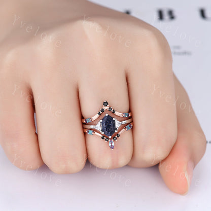Vintage Hexagon Blue Sandstone Engagement Ring,Alexandrite Ring,Jacket Ring,Enhancer Ring,Women Stacking Wedding Band,Promise Bridal Gift