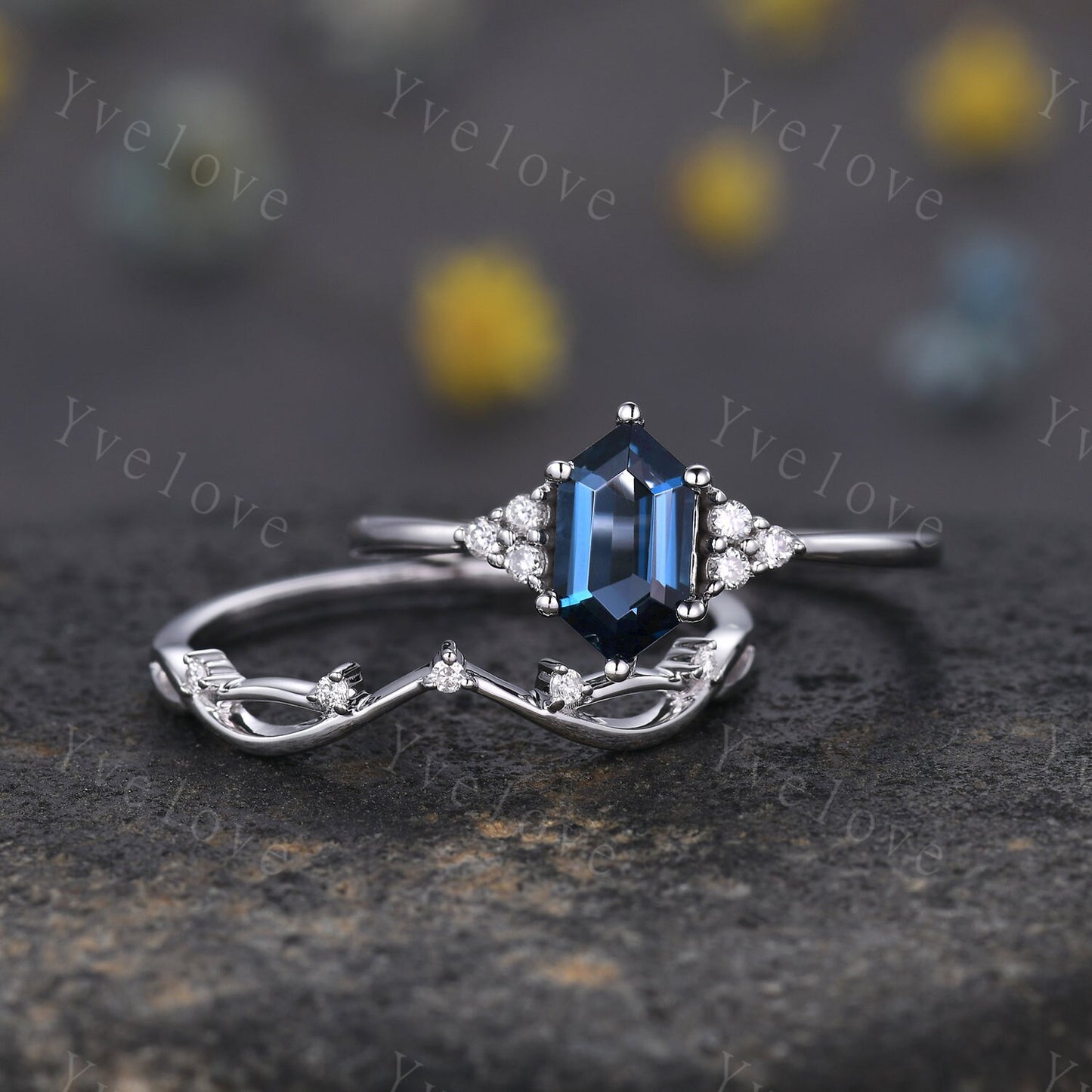 Retro Long hexagon London Blue Topaz Ring,Vintage Sterling Silver Ring Set,Unique Topaz Engagement Ring,Promise Ring,Anniversary Ring Gift