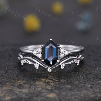 Retro Long hexagon London Blue Topaz Ring,Vintage Sterling Silver Ring Set,Unique Topaz Engagement Ring,Promise Ring,Anniversary Ring Gift