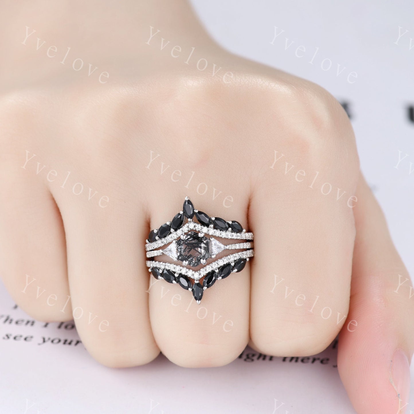 3 set,Black rutilated quartz Engagement Ring Set,Rings for Women,Platinum Ring,Marquise Black Onyx Diamond Wedding Ring,Multi-Gemstone Ring