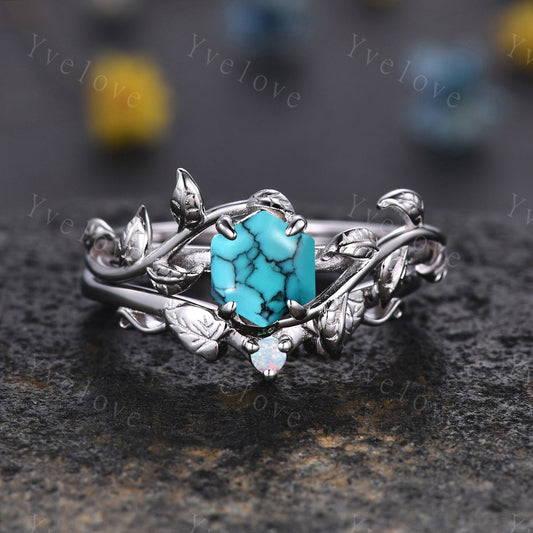 Hexagon Turquoise Ring Set,Vintage Twig Vine Leaf Ring,Unique Turquoise Opal Engagement Ring,Birthday Promise Anniversary Bridal Ring Gift