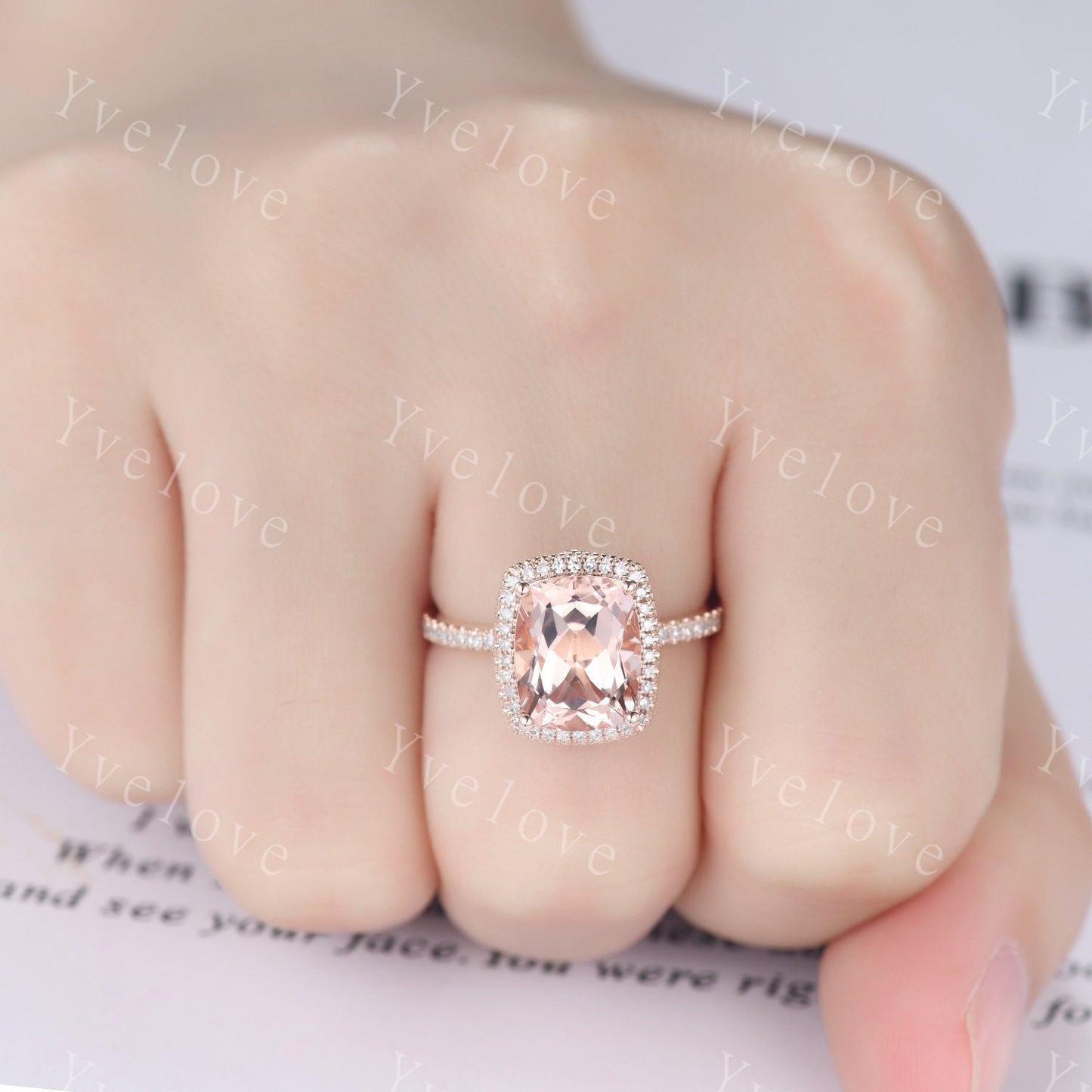 3ct Morganite engagement ring pink morganite ring big cushion shape natural gemstone with thin diamond wedding band solid 14k rose gold gift