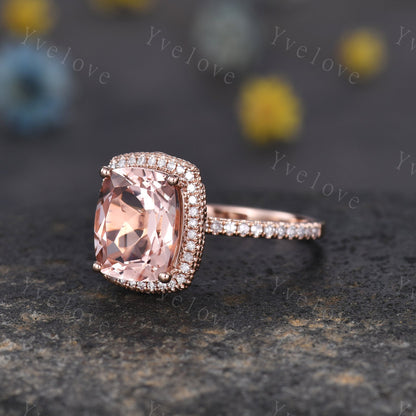 3ct Morganite engagement ring pink morganite ring big cushion shape natural gemstone with thin diamond wedding band solid 14k rose gold gift