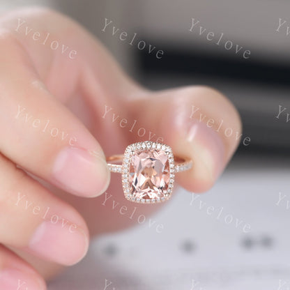 3ct Morganite engagement ring pink morganite ring big cushion shape natural gemstone with thin diamond wedding band solid 14k rose gold gift