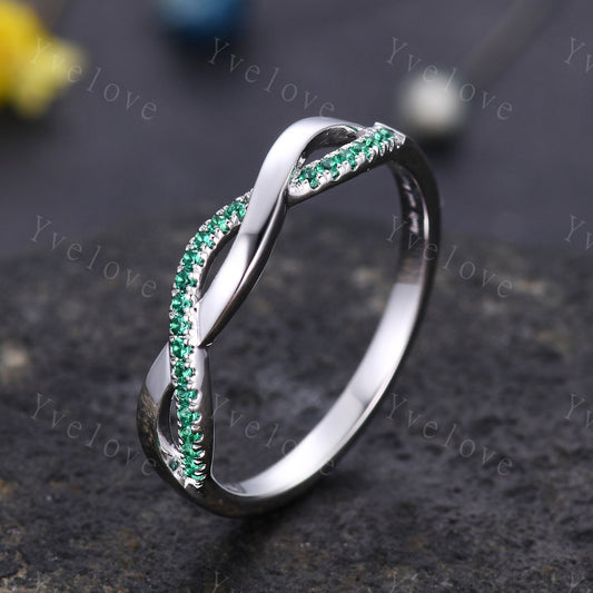 Emerald wedding band twist infinity matching wedding ring anniversary gift art deco white gold stacking band May birthstone gift for her