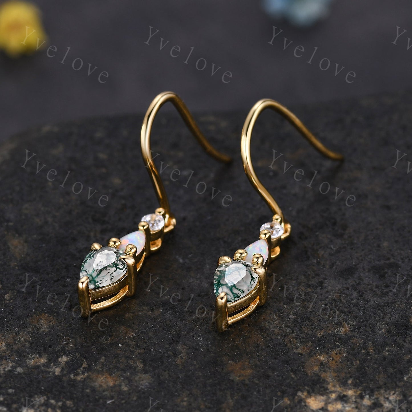 Unique Moss Agate Opal Earrings,Pear Cut Gems,Art Deco Moissanite Diamond Delicate Dainty Earrings,3 Stone Minimalist Women Gift for Her