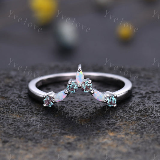 Opal Alexandrite Wedding Ring Match Stacking ring V Curved Wedding Band Sterling Silver Marquise Opal Ring Promise Jewelry Anniversary Gift