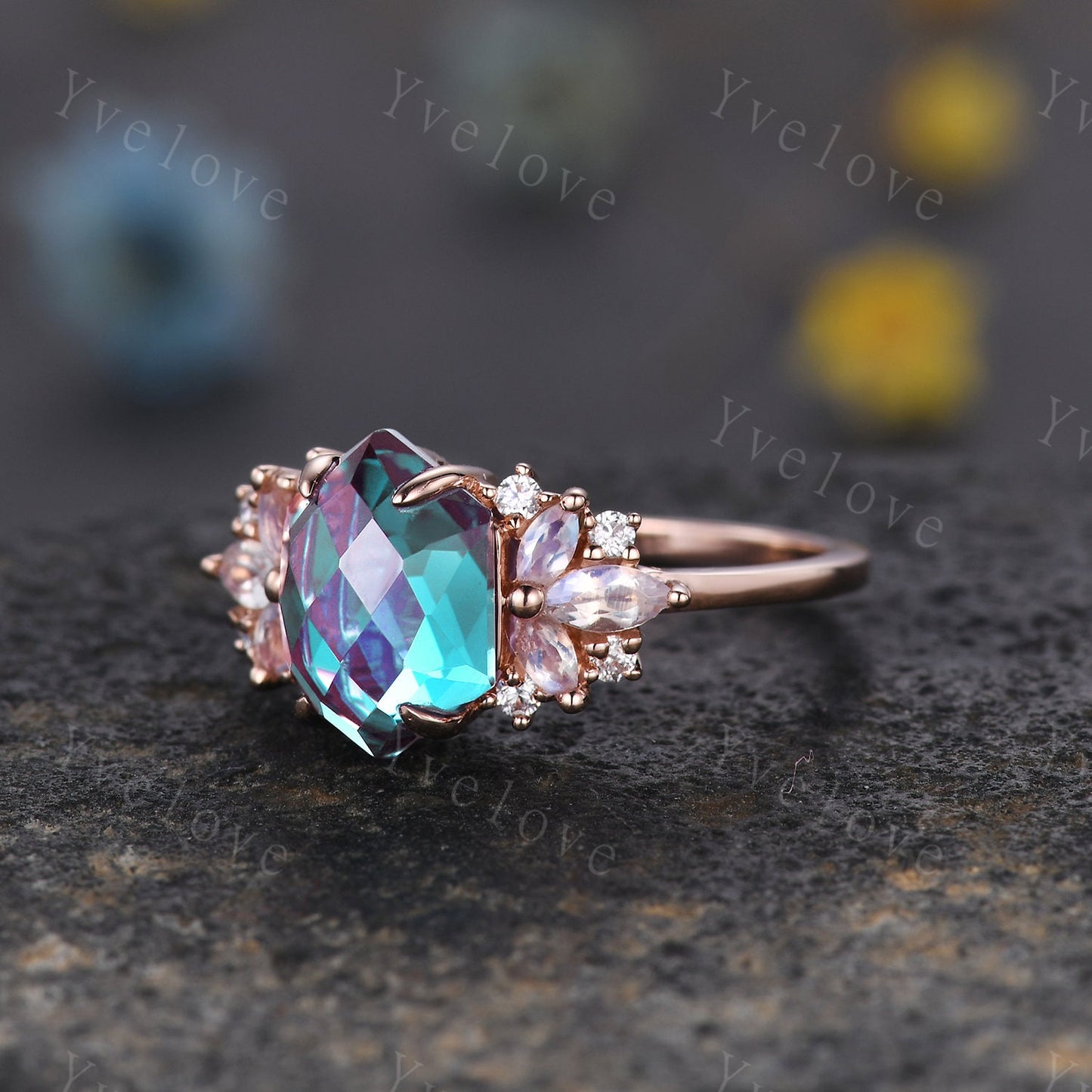 Vintage Hexagon Alexandrite Moonstone engagement ring,Unique Marquise Ring,Cluster Ring,Rose Gold,Women Bridal Wedding Band,Statement Ring