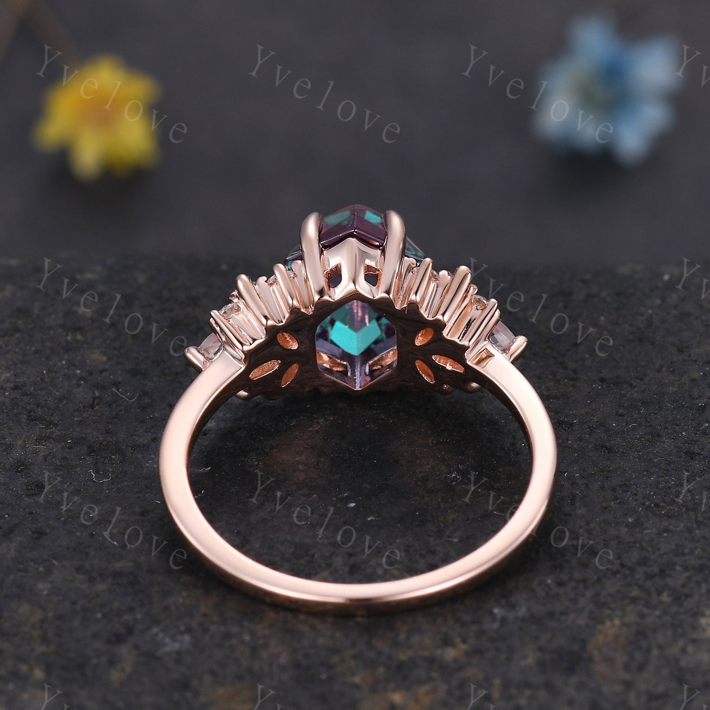 Vintage Hexagon Alexandrite Moonstone engagement ring,Unique Marquise Ring,Cluster Ring,Rose Gold,Women Bridal Wedding Band,Statement Ring