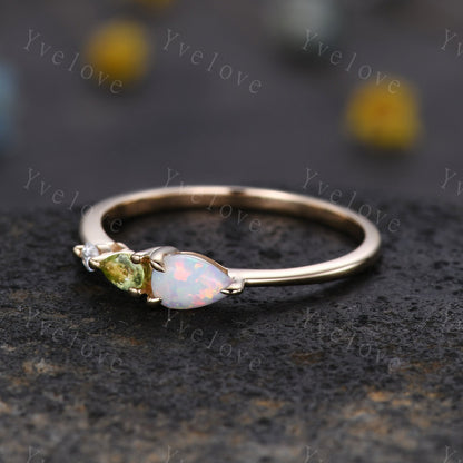 Vintage Opal Peridot Engagement Ring,Pear Cut Gems,Art Deco Moissanite Wedding Band,3 Stone Unique Women Bridal Promise Ring,Customized Gift