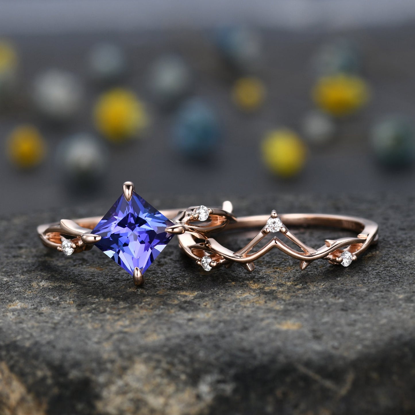 Vintage Princess Cut Tanzanite Engagement Ring Set,Twisted Ring,Leaf Vines Moissanite Bridal Set,Branch Ring,Dainty Twig Diamond Ring Gift