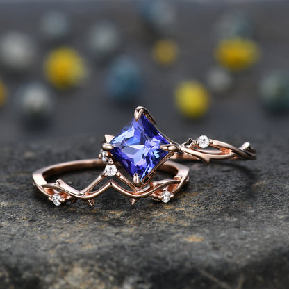 Vintage Princess Cut Tanzanite Engagement Ring Set,Twisted Ring,Leaf Vines Moissanite Bridal Set,Branch Ring,Dainty Twig Diamond Ring Gift