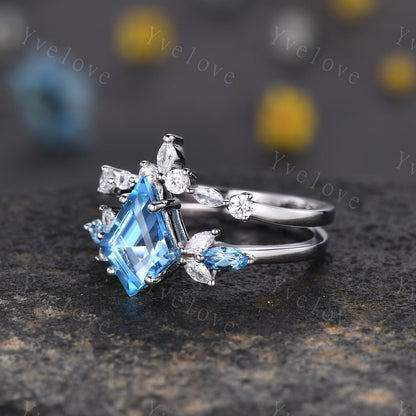 Vintage Kite Cut Swiss Blue Topaz Engagement Ring Set,Unique Bridal Ring Set,Marquise Topaz Matching Band,White Gold Women Anniversary Ring