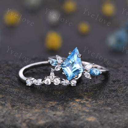 Vintage Kite Cut Swiss Blue Topaz Engagement Ring Set,Unique Bridal Ring Set,Marquise Topaz Matching Band,White Gold Women Anniversary Ring