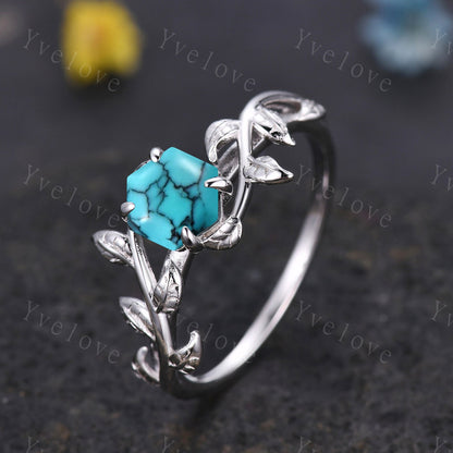 Hexagon Turquoise Ring Set,Vintage Twig Vine Leaf Ring,Unique Turquoise Opal Engagement Ring,Birthday Promise Anniversary Bridal Ring Gift