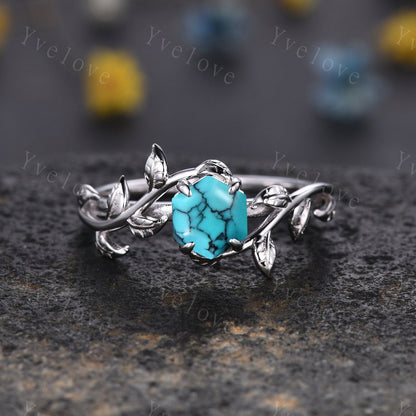 Hexagon Turquoise Ring Set,Vintage Twig Vine Leaf Ring,Unique Turquoise Opal Engagement Ring,Birthday Promise Anniversary Bridal Ring Gift