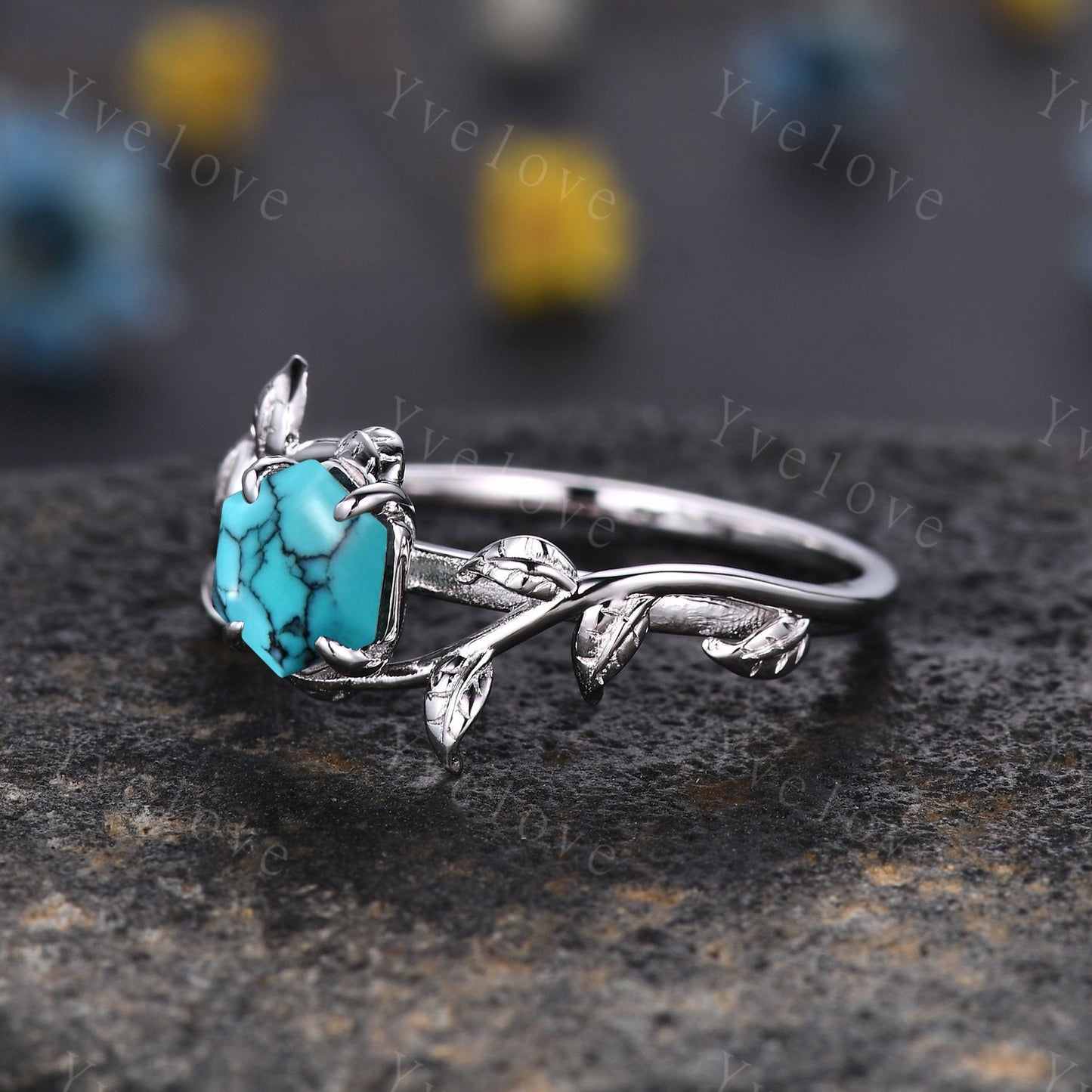 Hexagon Turquoise Ring Set,Vintage Twig Vine Leaf Ring,Unique Turquoise Opal Engagement Ring,Birthday Promise Anniversary Bridal Ring Gift