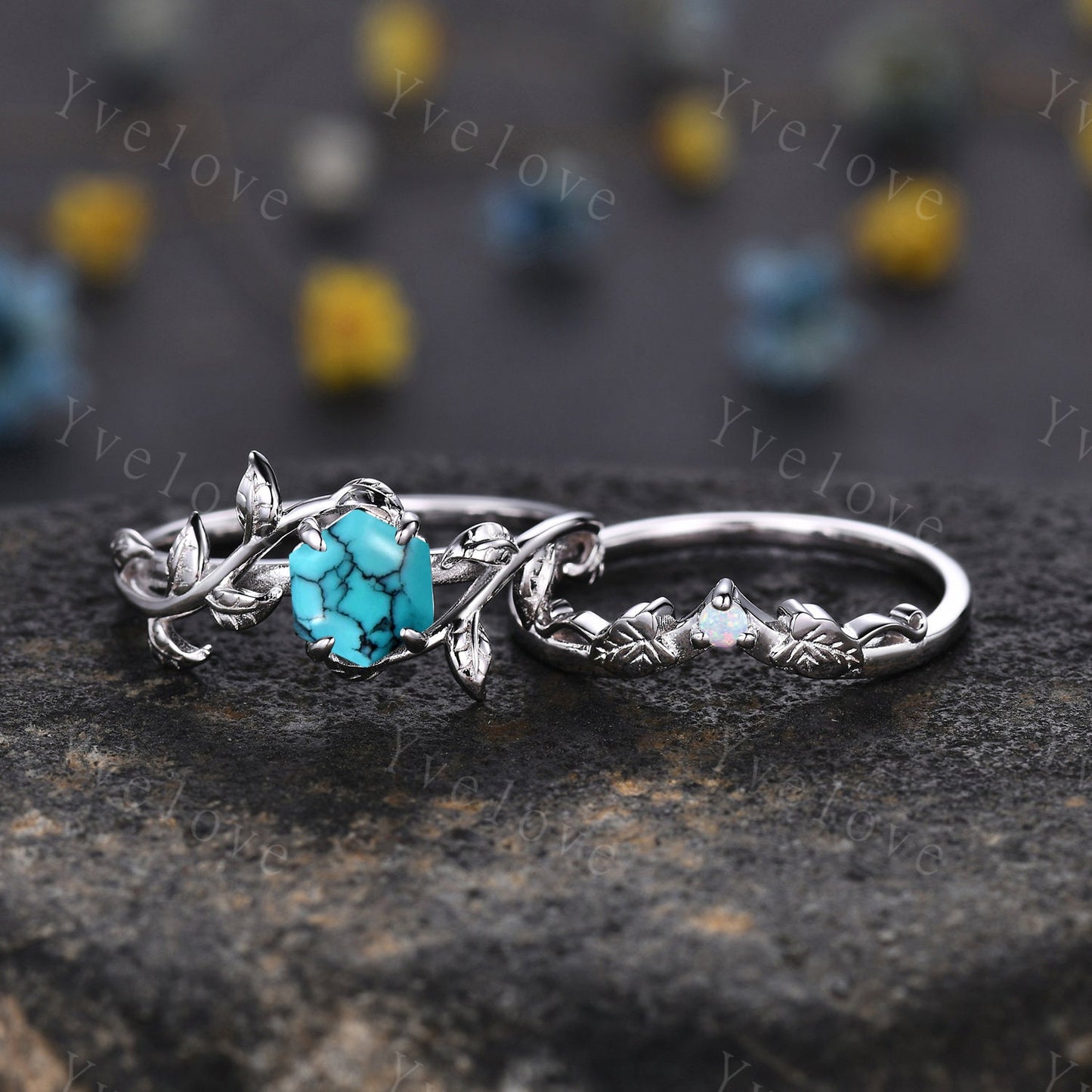 Hexagon Turquoise Ring Set,Vintage Twig Vine Leaf Ring,Unique Turquoise Opal Engagement Ring,Birthday Promise Anniversary Bridal Ring Gift