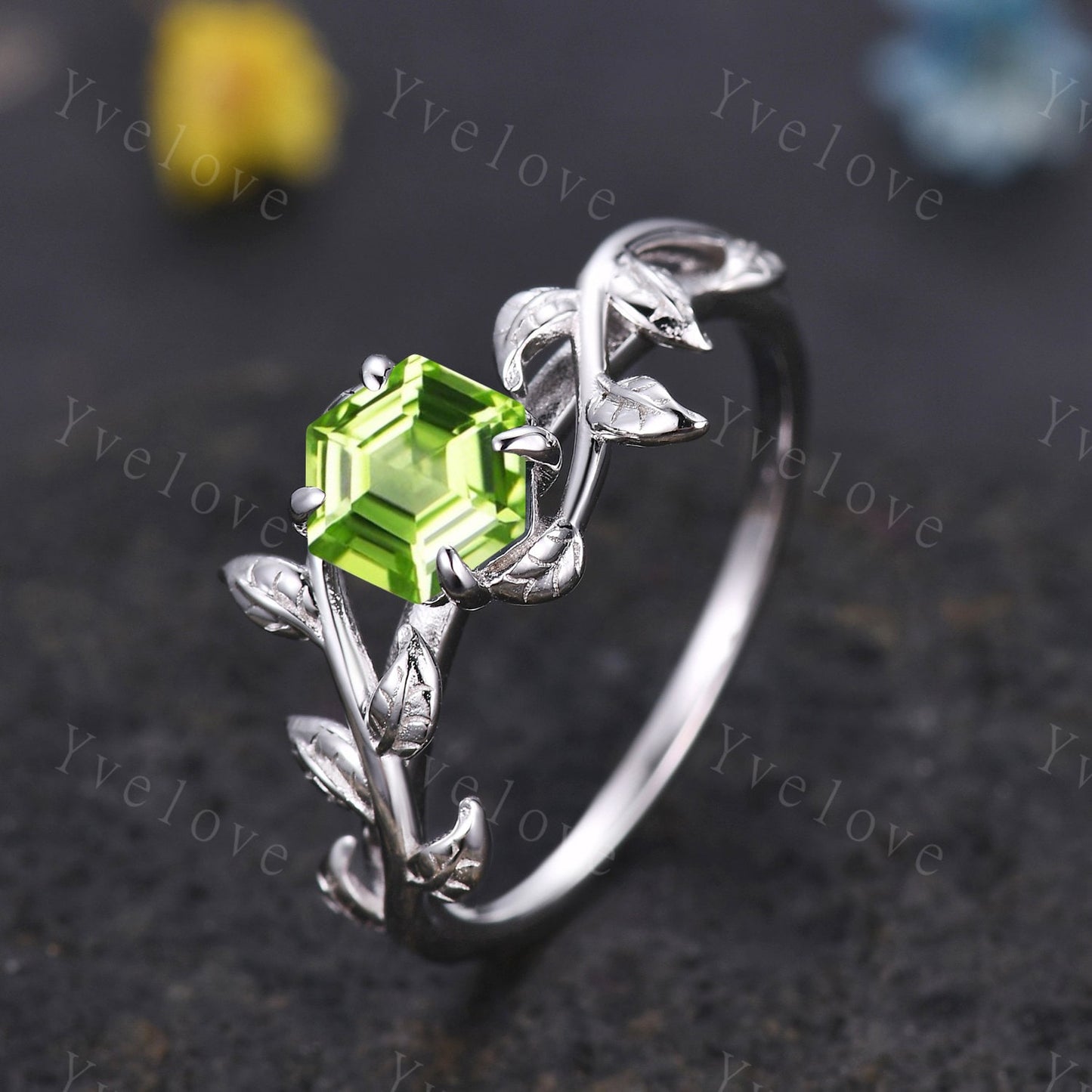 Hexagon Peridot Ring,Vintage Twig Vine Leaf Ring,Unique Peridot Engagement Ring,August birthstone Ring,Promise Anniversary Bridal Ring Gift