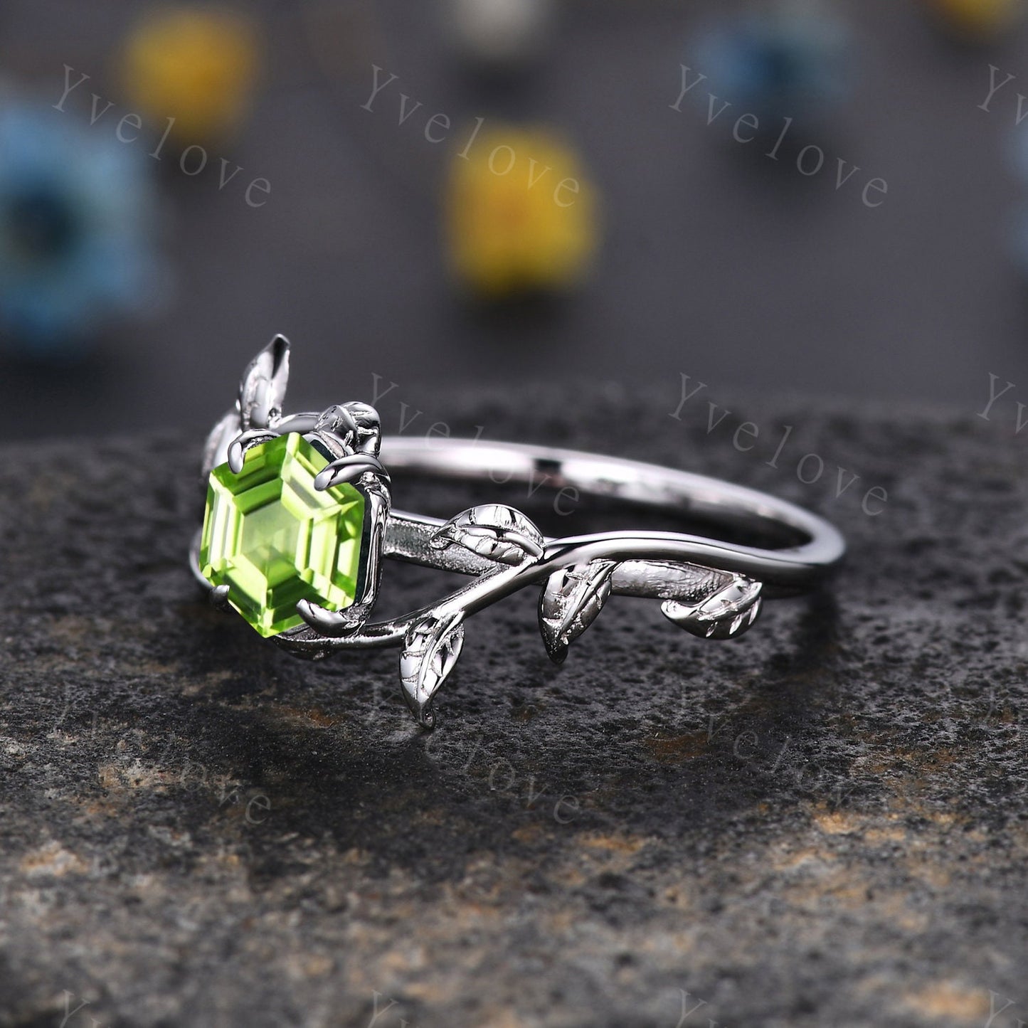 Hexagon Peridot Ring,Vintage Twig Vine Leaf Ring,Unique Peridot Engagement Ring,August birthstone Ring,Promise Anniversary Bridal Ring Gift