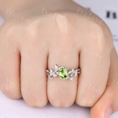 Hexagon Peridot Ring,Vintage Twig Vine Leaf Ring,Unique Peridot Engagement Ring,August birthstone Ring,Promise Anniversary Bridal Ring Gift