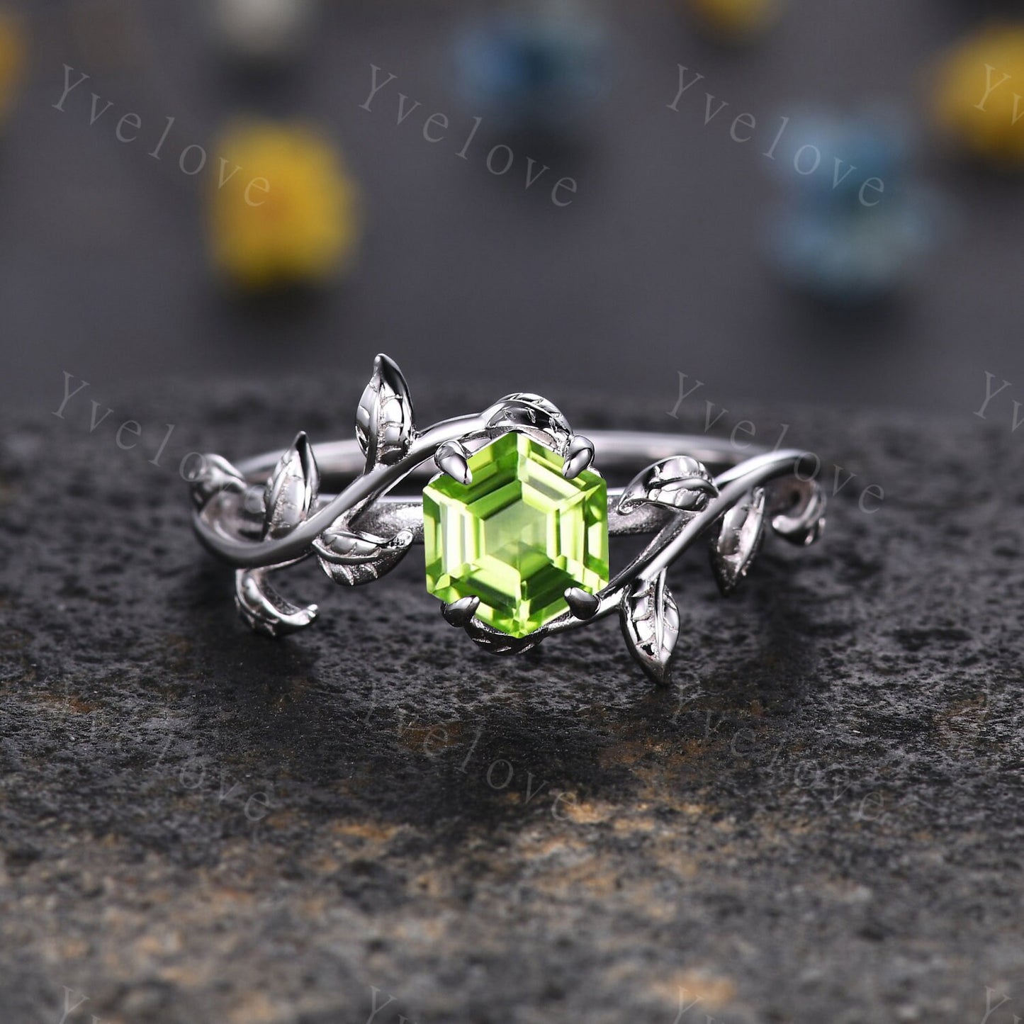 Hexagon Peridot Ring,Vintage Twig Vine Leaf Ring,Unique Peridot Engagement Ring,August birthstone Ring,Promise Anniversary Bridal Ring Gift