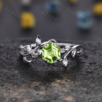 Hexagon Peridot Ring,Vintage Twig Vine Leaf Ring,Unique Peridot Engagement Ring,August birthstone Ring,Promise Anniversary Bridal Ring Gift