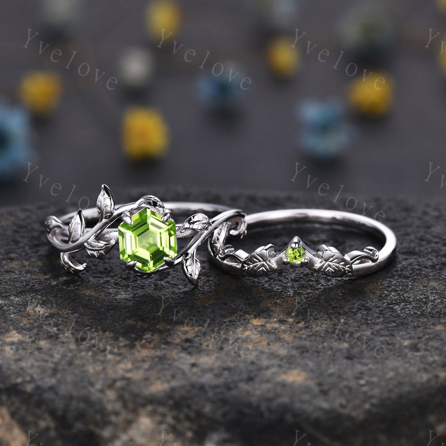 Hexagon Peridot Ring,Vintage Twig Vine Leaf Ring,Unique Peridot Engagement Ring,August birthstone Ring,Promise Anniversary Bridal Ring Gift