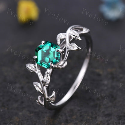 Hexagon Emerald Ring,Vintage Twig Vine Leaf Ring,Unique Emerald Engagement Ring,May birthstone Ring,Promise Anniversary Bridal Ring Gift