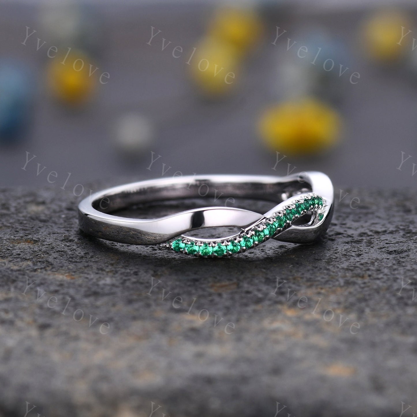 Emerald wedding band twist infinity matching wedding ring anniversary gift art deco white gold stacking band May birthstone gift for her
