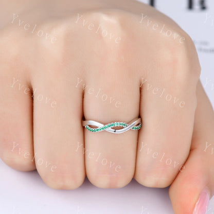 Emerald wedding band twist infinity matching wedding ring anniversary gift art deco white gold stacking band May birthstone gift for her