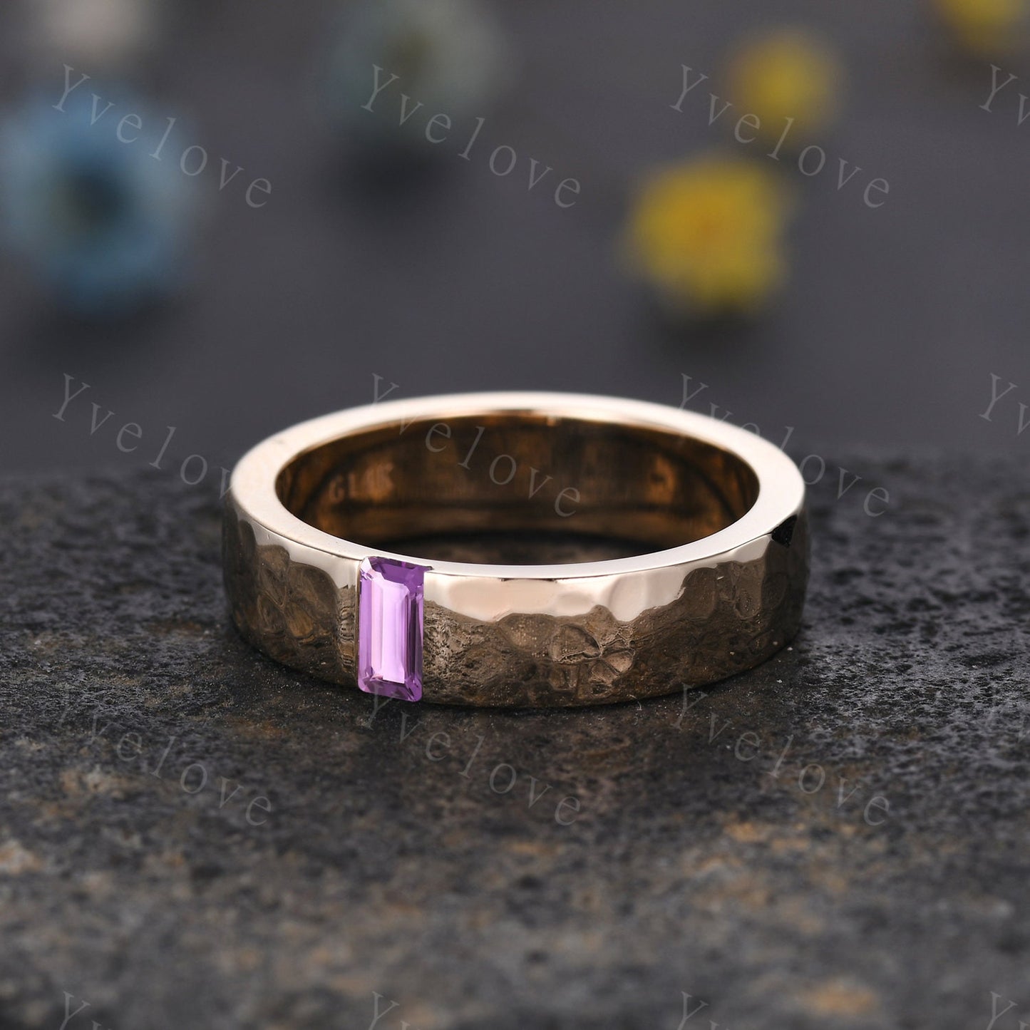 Mens Amethyst Wedding Band Baguette Cut Amethyst Band 5mm Solid Gold Ring Mens Hammered Stacking Matching Band Retro Vintage Ring Gift