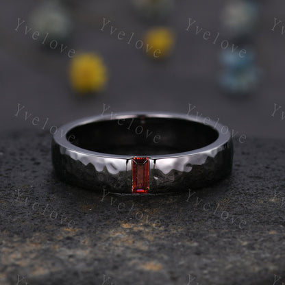 Mens Garnet Wedding Band Baguette Cut Red Garnet Band 5mm Black Gold Ring Mens Hammered Stacking Matching Band Retro Vintage Ring Mens Gift