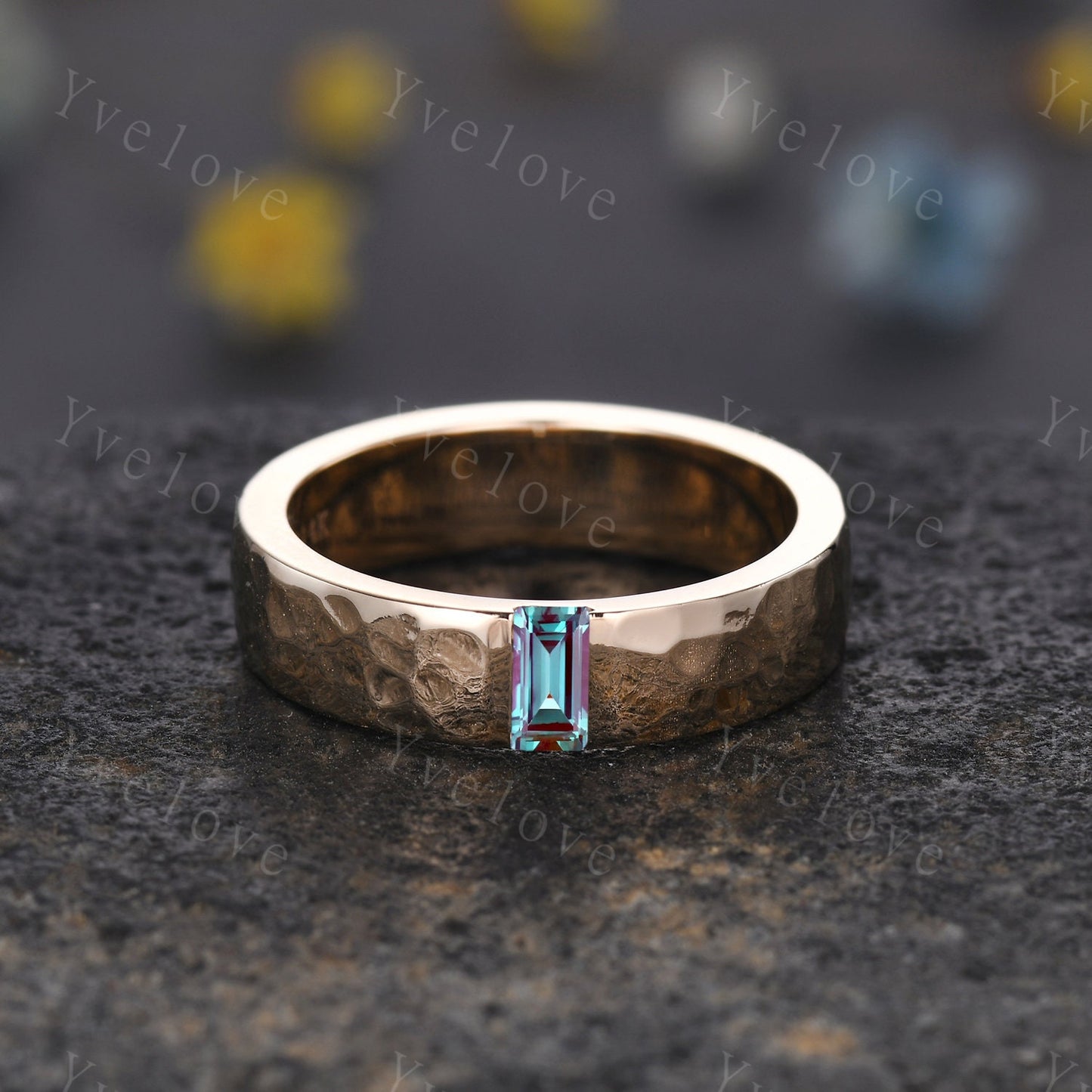 Mens Alexandrite Wedding Band Baguette Cut Alexandrite Band 5mm Black Gold Ring Mens Hammered Stacking Matching Band Retro Vintage Ring Gift