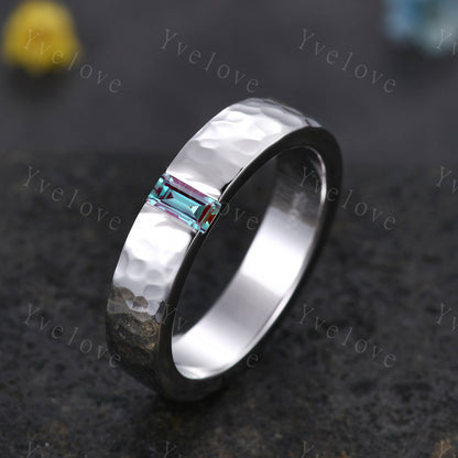 Mens Alexandrite Wedding Band Baguette Cut Alexandrite Band 5mm Black Gold Ring Mens Hammered Stacking Matching Band Retro Vintage Ring Gift