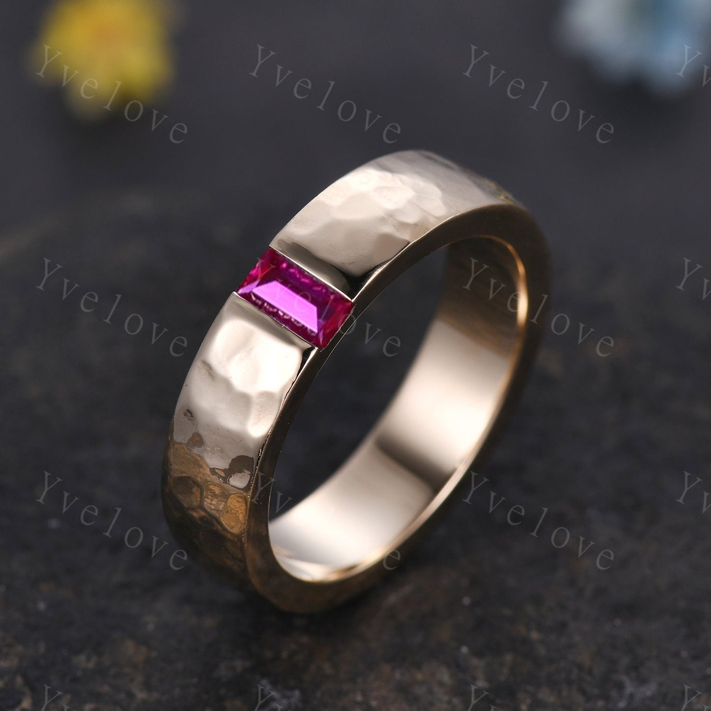 Mens Ruby Wedding Band Baguette Cut Red Ruby Band 5mm Solid Gold Ring Mens Hammered Stacking Matching Band Retro Vintage Ring Dad Gift