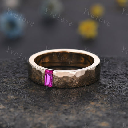 Mens Ruby Wedding Band Baguette Cut Red Ruby Band 5mm Solid Gold Ring Mens Hammered Stacking Matching Band Retro Vintage Ring Dad Gift