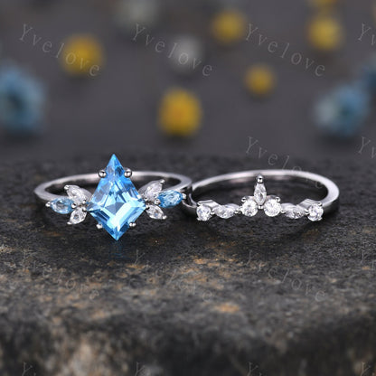 Vintage Kite Cut Swiss Blue Topaz Engagement Ring Set,Unique Bridal Ring Set,Marquise Topaz Matching Band,White Gold Women Anniversary Ring