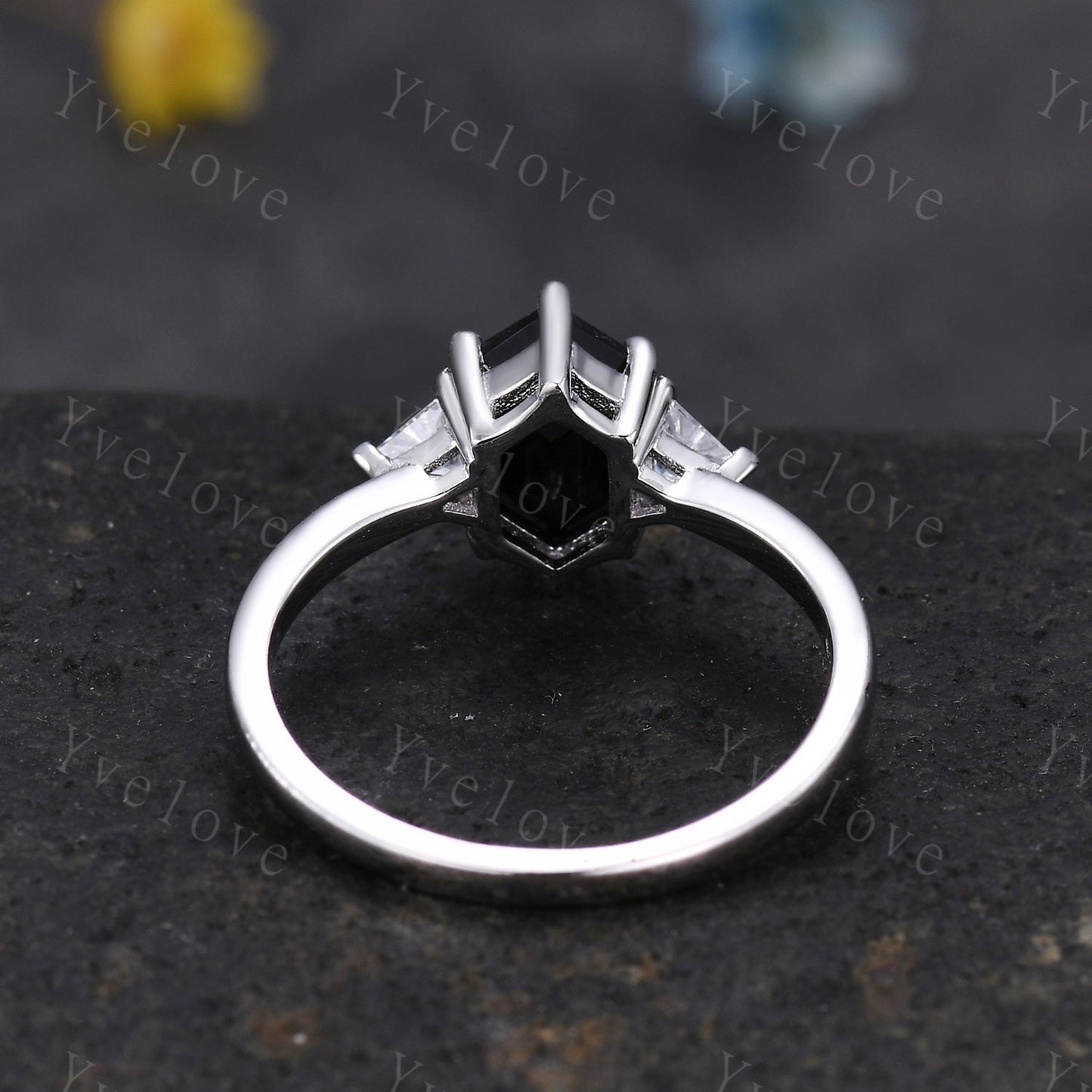 Vintage Hexagon Black Onyx Engagement Ring,Black Gems Ring,Silver Ring,Enhancer Band,Women Stacking Wedding Band,Anniversary Bridal Gift