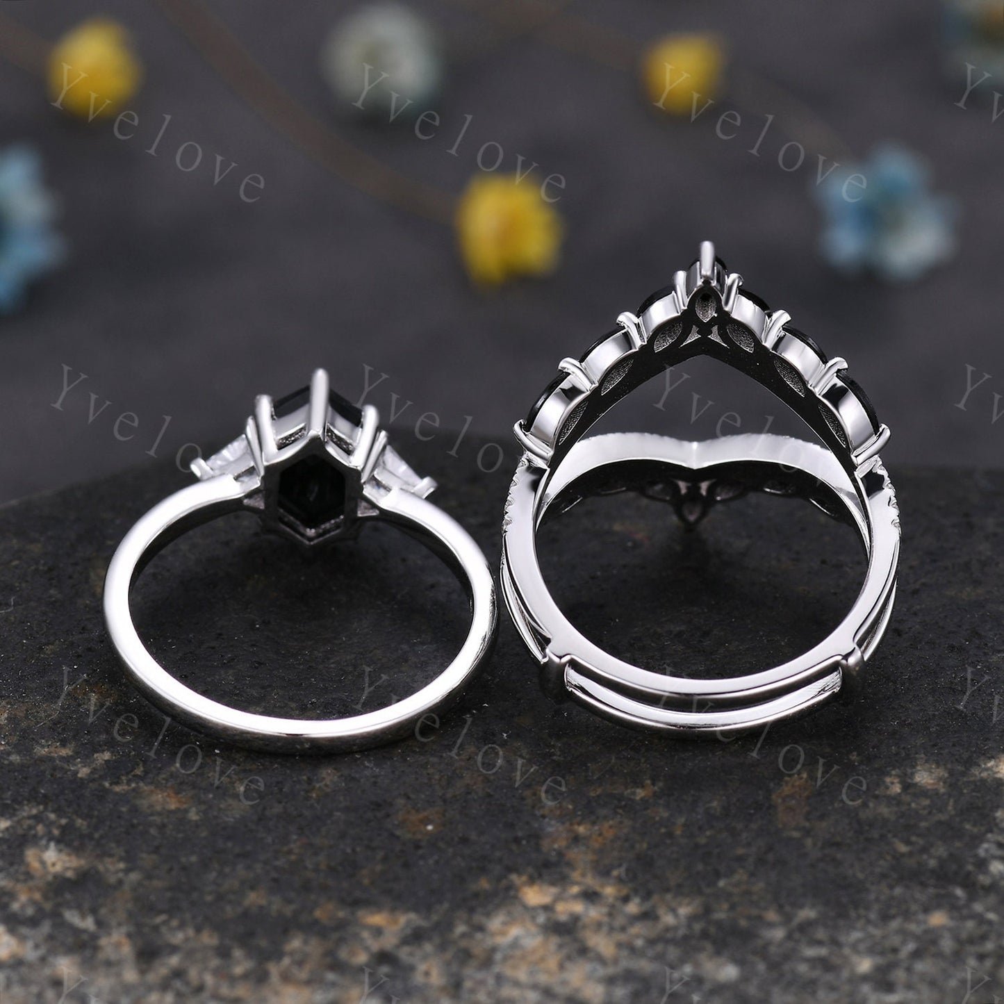 Vintage Hexagon Black Onyx Engagement Ring,Black Onyx Ring Set,Silver Ring,Enhancer Band,Women Stacking Wedding Band,Promise Bridal Gift