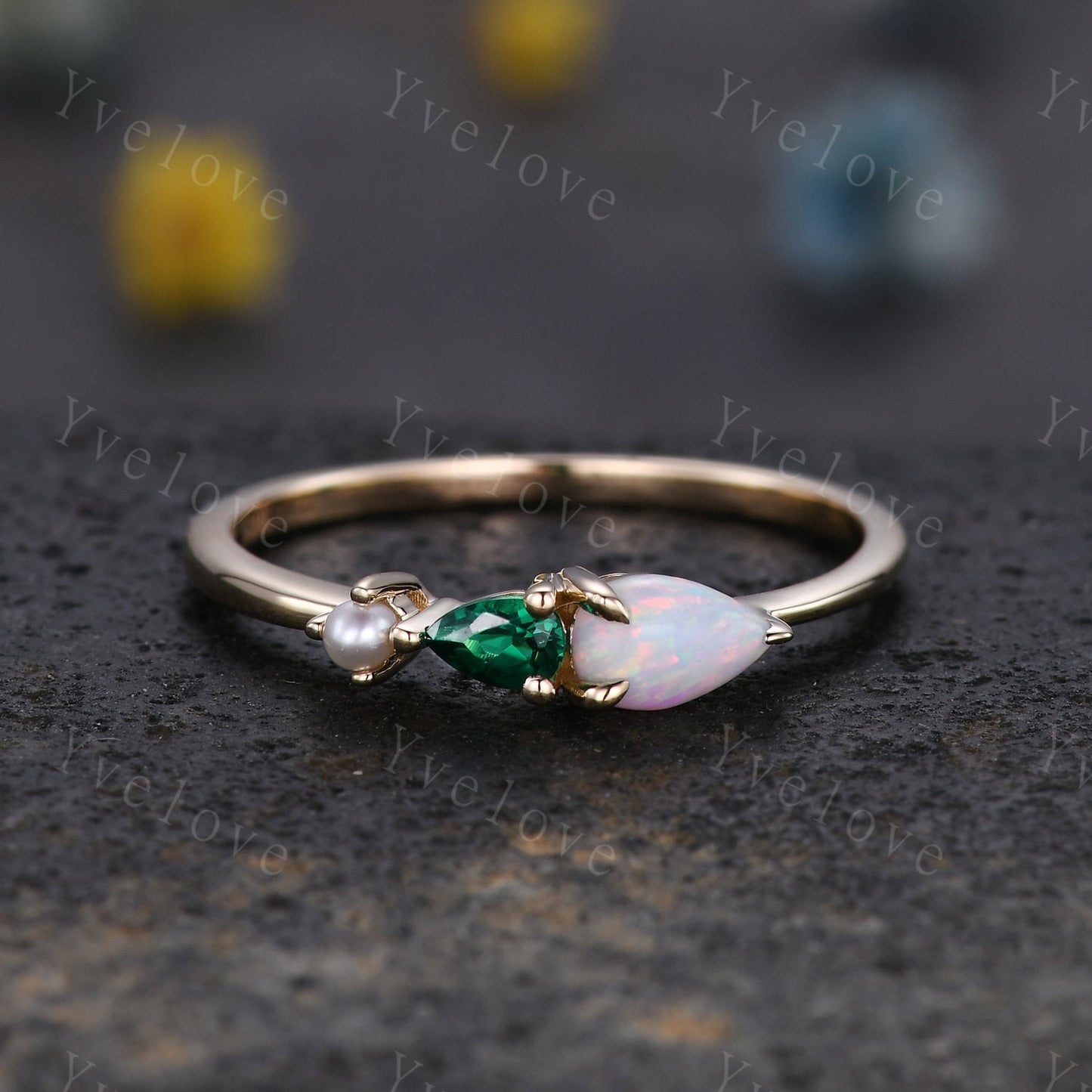 Vintage Opal Emerald Engagement Ring,Pear Cut Gems,Art Deco Pearl Wedding Band,3 Stone Unique Women Bridal Promise Ring,Gold ring,Custom