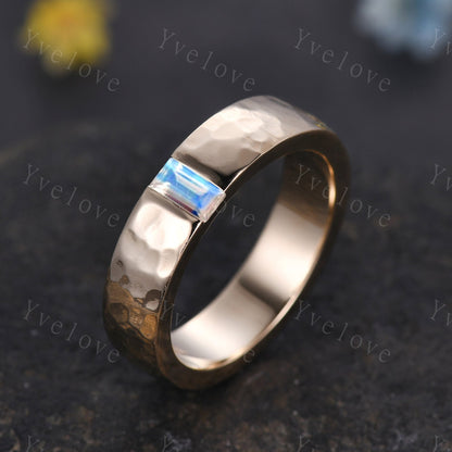 Mens Moonstone Wedding Band Baguette Cut Moonstone Band 5mm Solid Gold Ring Mens Hammered Stacking Matching Band Retro Vintage Ring Gift